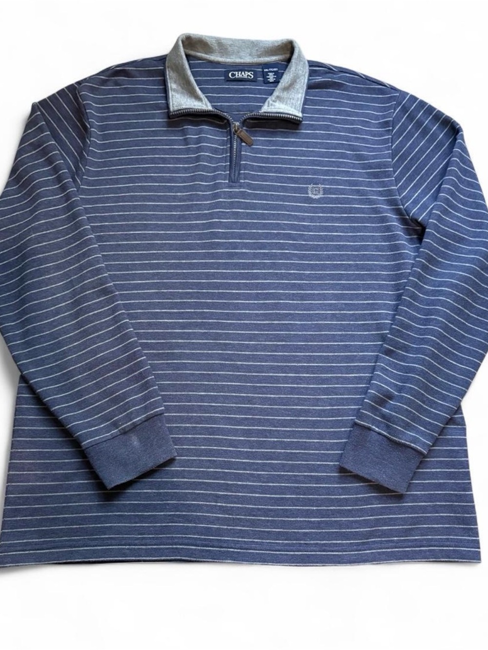 Chaps Men's Navy and White Striped Quarter-Zip Pullover Sweater